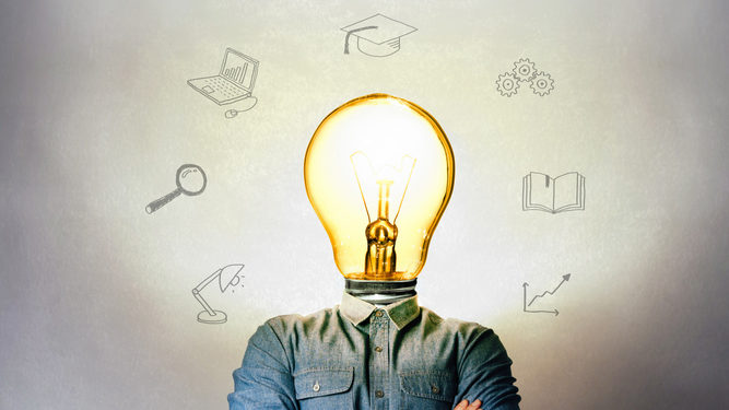 Concept of a new idea. Light bulb as head