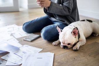 Person with dog looking at bills. Poor sad doggy.