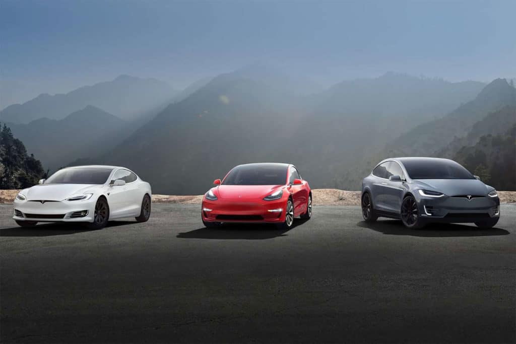 tesla cars line up
