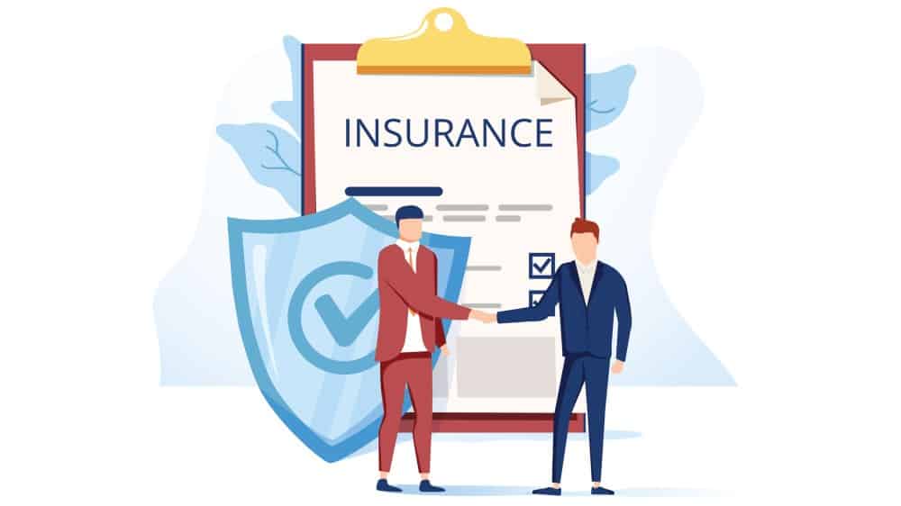 Cartoon Male Customer and Agent Shaking Hands over Huge Safe Contract Agreement.