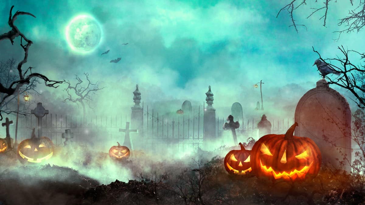 Halloween pumpkins on the graveyard