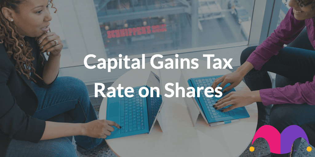 Two women on computers with the text "Capital Gains Tax Rate on Shares"