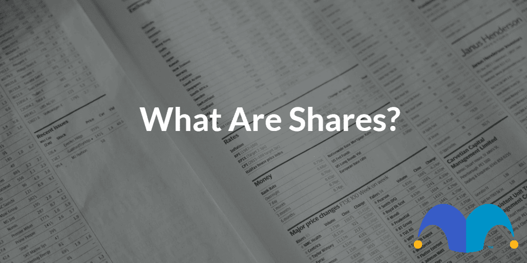 Person in front of the computer with the text "What are shares" and the Motley Fool Logo