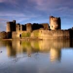 Caerphilly Castle, and reflection in the moat.