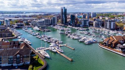 The Ocean Village Marina neighborhood of Southampton on the Channel coast in southern England, UK.
